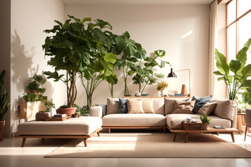 Fabric sofa against grid window near grunge venetian stucco wall. Wabi-sabi home interior design of modern living room.