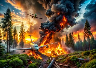 Obraz premium Aviation Disaster: Burning Airplane Wreckage in Forest with Emergency Response Efforts
