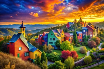 Naklejka premium A vibrant abstract landscape featuring uniquely designed houses, showcasing the beauty of generative AI architectural photography through vivid