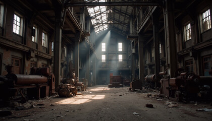 Obraz premium A deserted factory hall filled with rusted machinery and broken windows in an industrial ruin