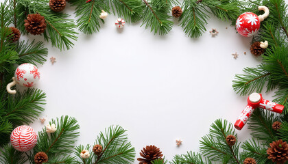 A festive Christmas frame with pine branches, red ornaments, and pinecones, offering a cozy space for holiday greetings
