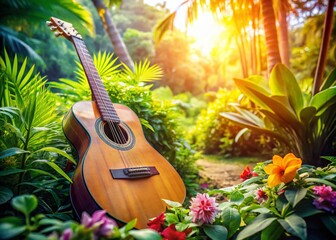 A vibrant guitar nestled among lush tropical flowers, creating a serene setting perfect for relaxation and leisure, inviting you to unwind and enjoy