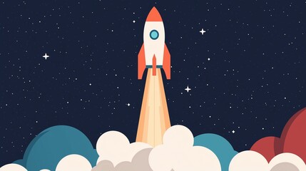A colorful rocket launches through clouds and stars, symbolizing adventure and exploration in a vibrant night sky.