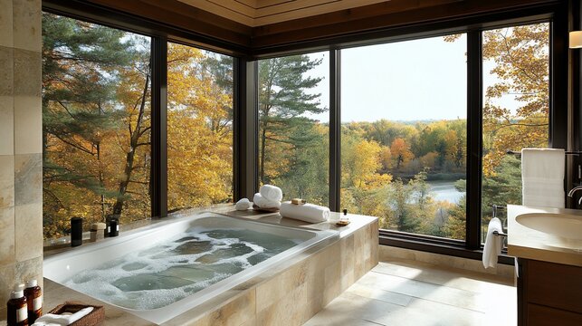 A luxurious bathroom with a large jacuzzi tub and panoramic windows overlooking a serene forest and lake.