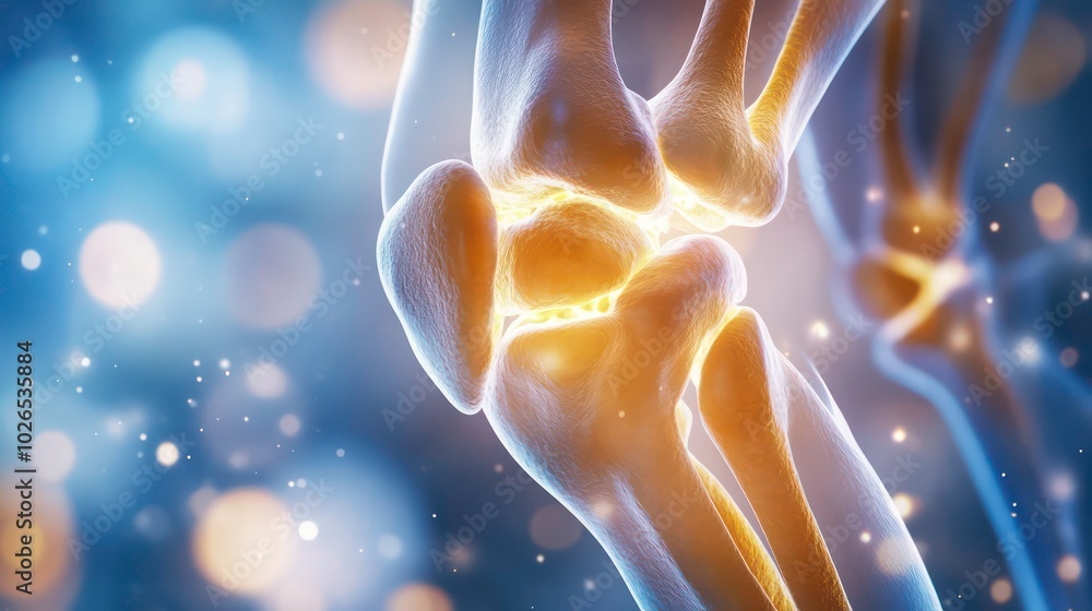 Poster close-up 3d render of a human knee joint with glowing bones and blue bokeh background.