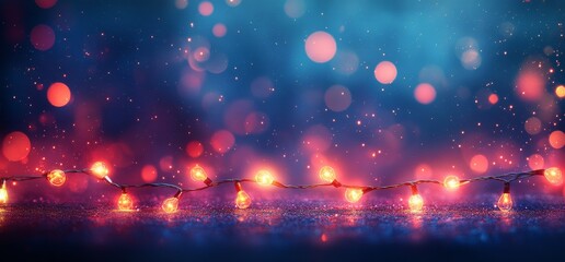 Fototapeta premium Decorative string lights illuminate a vibrant, colorful backdrop during a festive evening