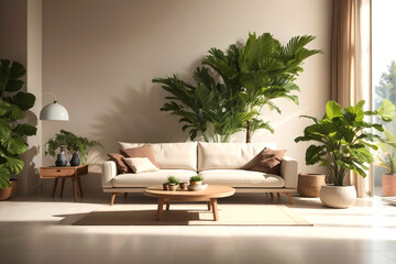 Fabric sofa against grid window near grunge venetian stucco wall. Wabi-sabi home interior design of modern living room.