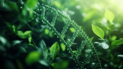 A DNA double helix structure, composed of green, translucent beads, floats in a natural green plant setting.