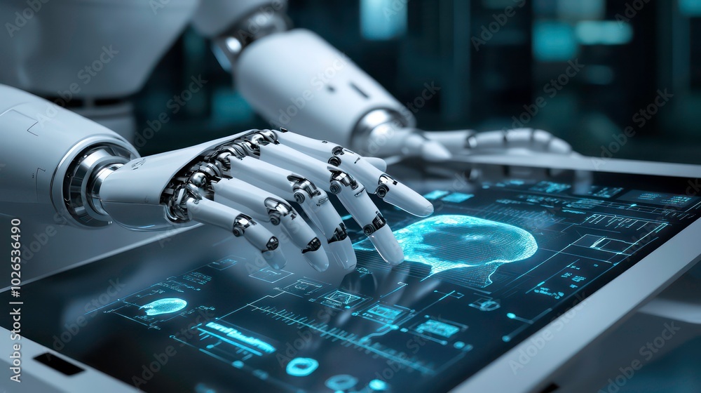 Aufkleber a robotic hand interacts with a futuristic digital interface, showcasing advanced technology and art