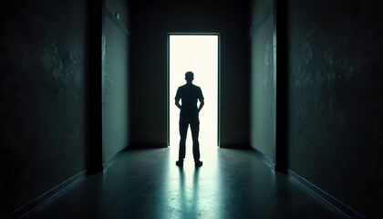 Obraz premium Silhouette of person standing in doorway illuminated by bright light