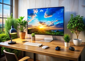 High-Quality PC Desktop Photo for Technology and Business Use, Showcasing Modern Computing Setup with Accessories and