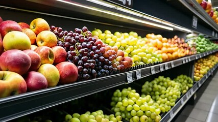 A supermarket aisle stocked with various fruits, including apples, grapes, and pears, with a price tag visible on the shelf.