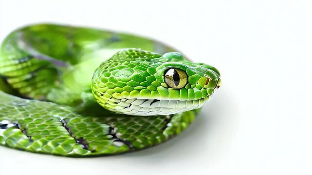 Video of green snake is curled up on a white background. The snake is small and has a green color. Snake - 2025 symbol