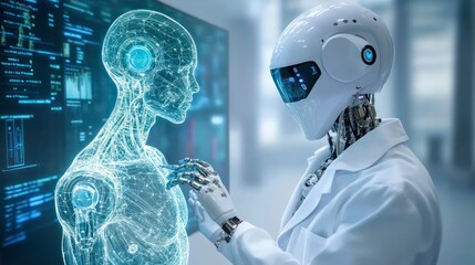 A humanoid robot wearing a white lab coat examines a holographic projection of a human body on a large digital screen.