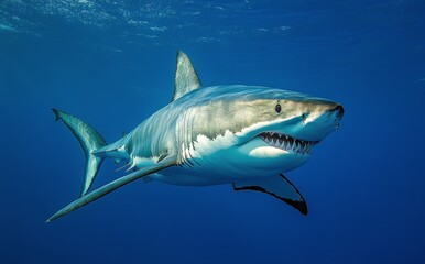 Great white shark gracefully swimming in clear ocean waters during daylight hours