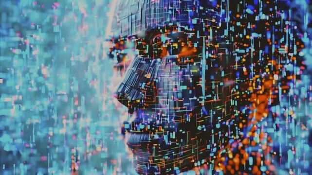 A human face gradually digital, glitching fragmenting data streams, AI integration human consciousness. binary code and neural network patterns, 4k High-Quality abstract background Animation Video