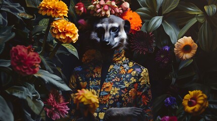 Anthropomorphic meerkat floral jungle mood