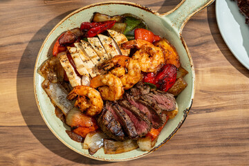 Mixed fajita plate with steak, chicken and shrimp