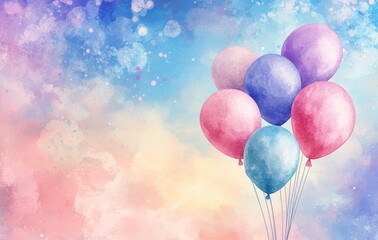 Colorful balloons floating against a soft watercolor backdrop in pastel shades