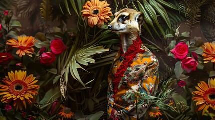 Anthropomorphic meerkat floral jungle mood