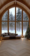 A serene winter atmosphere is created by a cozy beige sofa adorned with pillows and blankets, facing snowy trees through a large arched window illuminated by Christmas lights.