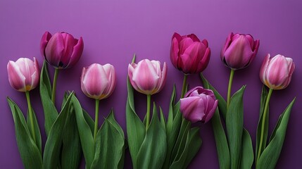 Fototapeta premium Beautiful purple tulips arranged elegantly against a vibrant purple backdrop in springtime bloom