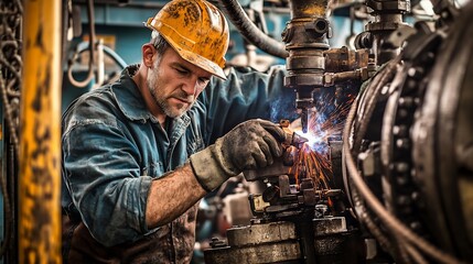 A worker wearing a yellow hard hat and gloves, welds a piece of metal in a factory.