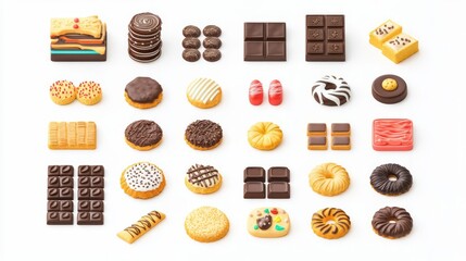 A colorful assortment of various cookies, chocolates, and sweets arranged neatly. Perfect for dessert lovers and food photography.