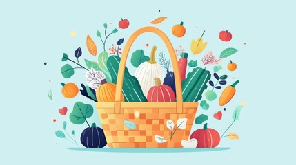 A vibrant basket filled with assorted vegetables, surrounded by colorful leaves and plants, ideal for fresh produce themes.