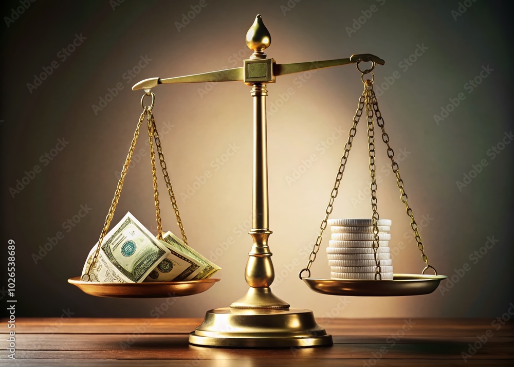 Aufkleber balancing wealth: a scale with equal stacks of money for financial equality concepts