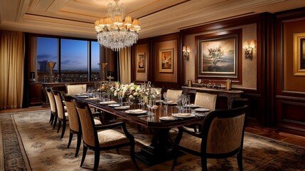 A luxurious dining room with a large table set for a formal dinner, featuring a chandelier, artwork, and a view of the city skyline.