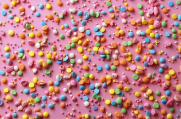 Obraz premium Colorful candy sprinkles scattered on a pink background for festive celebrations and desserts
