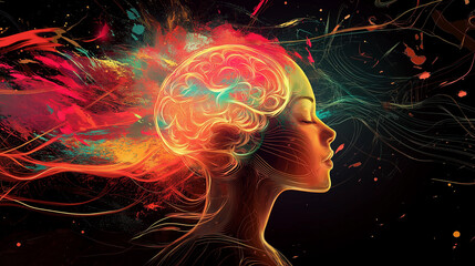 Fototapeta premium Generative Artificial intelligent illustration of annual collective mind concept art, in woman have transparent brain and brain design with Artificial intelligent ,exploding mind, inner world, dreams,