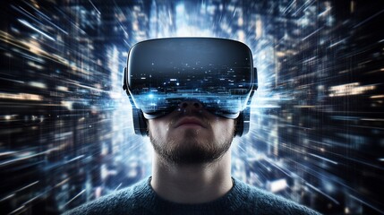A man wearing a VR headset is immersed in a virtual world, with a digital cityscape reflected in the lenses.