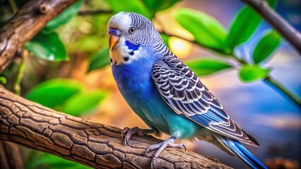 Obraz premium Beautiful Blue Budgerigar on a Branch - Watercolor Portrait Photography
