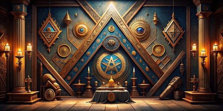 Intricate Masonic Imagery Showcasing Symbols, Tools, and Rituals of Freemasonry in a Captivating Artistic Presentation