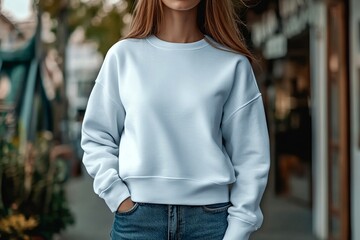 Woman's White Sweatshirt Template displaying a long-sleeve white sweatshirt tailored for women's comfort and style