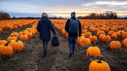 Two people walking through a vast pumpkin field at sunset, carrying bags and wearing warm clothing. The sky displays a mix of clouds and soft light, enhancing the orange of the pumpkins.