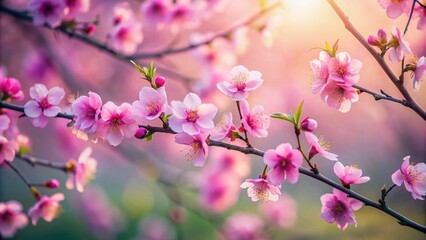 Obraz premium Beautiful Pink Flowers Blooming on Branch in Springtime - Minimalist Photography