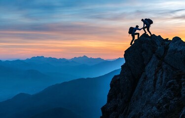 Couple climbing a mountain together at sunset, enjoying a breathtaking view and teamwork