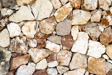 Exterior antique building wall from irregularly shaped stones in various shades of brown, beige and...