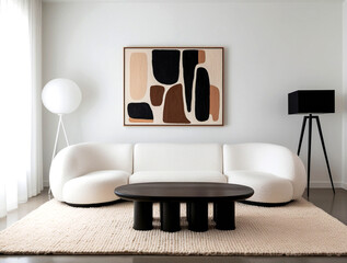 Minimalist interior design of modern living room with blue and beige armchairs