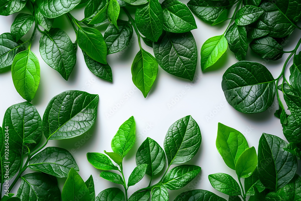 Poster a stunning display of various green leaves overlapping gracefully, creating a lush composition that 