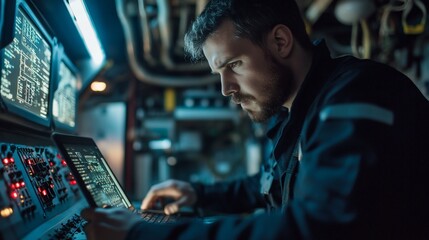 Fototapeta premium A man in a dark blue jumpsuit works on a computer in a dimly lit room with multiple screens showing data and gauges.