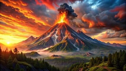 Majestic Burning Mountain Landscape at Sunset with Vibrant Flames and Dramatic Sky for Nature and Adventure Enthusiasts