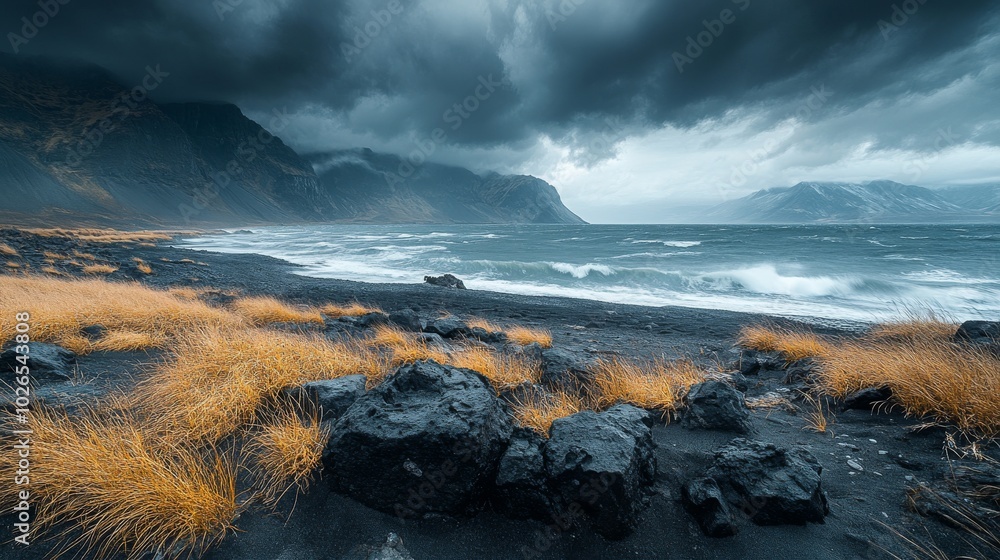 Wall mural dramatic seascape with stormy waves crashing on black sand beach