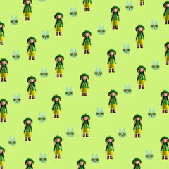 seamless green pattern with felt doll and bear