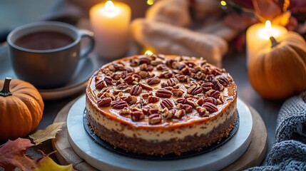 Pecan cheesecake on a table with candles, pumpkins, and a cup of coffee, creating a cozy autumn atmosphere