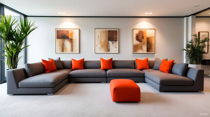 Fototapeta premium Cozy modern living room with gray sectional sofa and bright orange cushions during the day