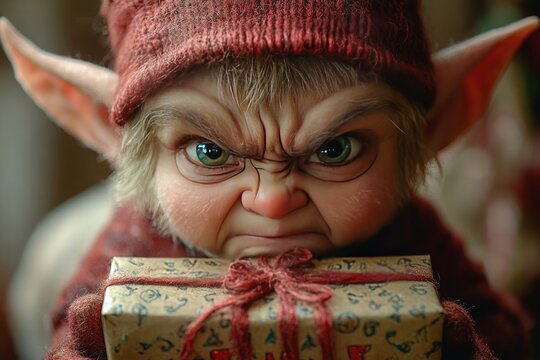 angry christmas elf with a gift in his hands
